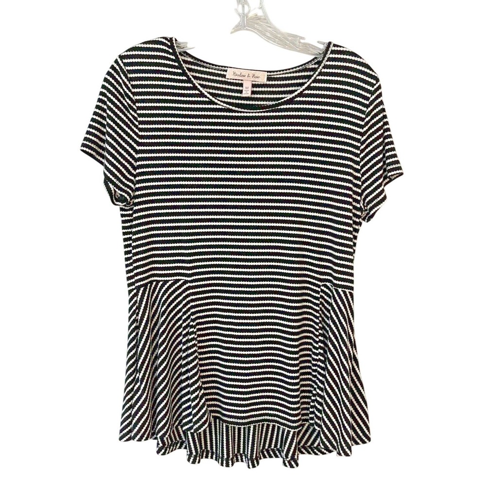 Harlow & Rose Peplum Top Womens M Black White Striped Scalloped Knit Short Slv